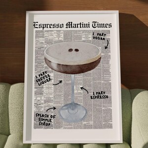 Espresso Martini Print Retro Zeitungsdruck Funky Cocktail Poster Bar Warenkorb Dekor Cocktail Schild Cocktail Rezept Kunst Martini Print Digital