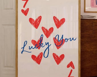 Lucky You 7 of Hearts Printable Wall Art, Aesthetic Art Print, Playing Card Print, Trendy Retro Wall Art, Red Hearts Poster, Digital