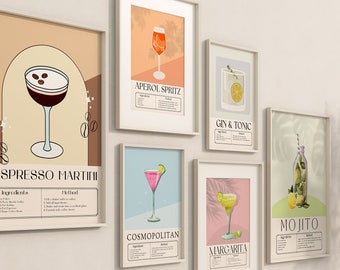 Cocktail Print Set of 6, espresso martini print, Colorful Bar Cart Gallery Wall Set, Alcohol Prints, Bar Cart Decor, Drinks Wall Prints
