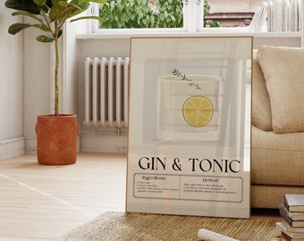 GIN&TONIC Cocktail Print, Trendy Modern Kitchen Wall Art, Alcohol Wall Art, Bart Cart Decor, Dining Room Print, Cute Kitchen Drinks Print