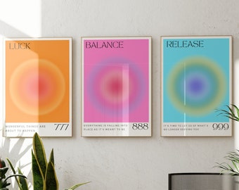 ANGEL NUMBER AURA Prints Set of 3, Angel Number Gallery Wall Set, Spiritual Prints, Aura Poster, Gradient Aesthetic Wall Art, Printable