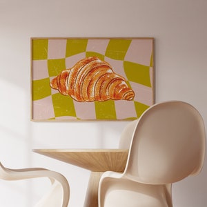 croissant wall art print-kitchen wall art trendy home decor food print retro checkered wall art trendy kitchen decor cute food digital print