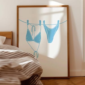 Bikini On Clothesline Print, College Apartment Decor, Coastal Beachy Dorm Room Posters, Trendy Beach House Wall Art, Girly Preppy Aesthetic
