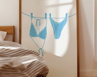 Bikini On Clothesline Print, College Apartment Decor, Coastal Beachy Dorm Room Posters, Trendy Beach House Wall Art, Girly Preppy Aesthetic