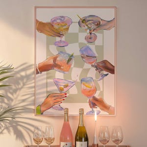 Impression de chariot de bar Cheers, affiche d'acclamations à carreaux vert sauge, art mural de cuisine rétro, impression de chariot de bar tendance, impression de boissons, impression de cocktails