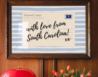 South Carolina retro ansichtkaart print, South Carolina muurkunst, blauw-wit gestreepte print, trending muurkunst, ansichtkaart print, digitaal