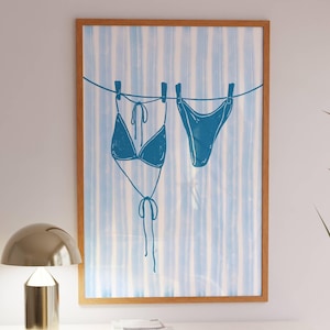Bikini On Clothesline Print Drying Swimsuit Print Blue Striped Wall Art Coastal Beach Aesthetic Poster Summer Digital Print Trendy Wall Art