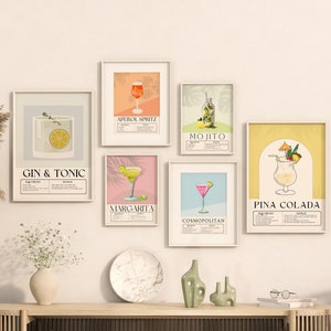 May include: Six printable cocktail posters featuring illustrations of various drinks, including a gin and tonic, an Aperol spritz, a mojito, a margarita, a cosmopolitan, and a pina colada. Each poster displays the name of the drink and a list of ingredients.