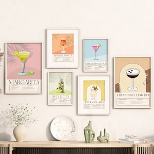Cocktail Print Set of 6, Colorful Bar Cart Gallery Wall Set, Drinks Recipe Print, Alcohol Prints, Bar Cart Decor, Preppy Drinks Prints