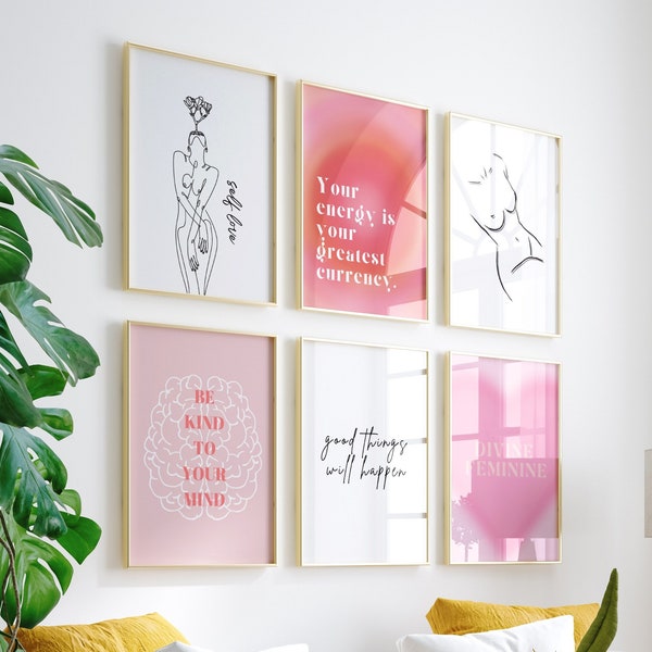 PINK FEMININE gallery wall set of 6| Inspirational Self Love Gallery Wall Art | Female Empowerment Art| Trendy Pink Posters| Digital Art