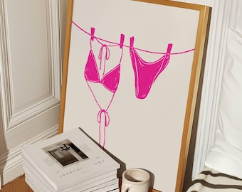Bikini On Clothesline Print, College Apartment Decor, Coastal Beachy Dorm Room Posters, Trendy Beach House Wall Art, Girly Preppy Aesthetic