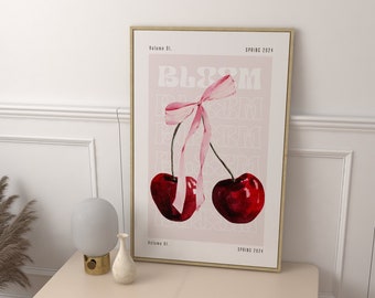 Affiche tendance noeud rose cerise noeud coquette art mural style rétro cerise impression art mural tendance coquette déco chambre preppy impression-numérique