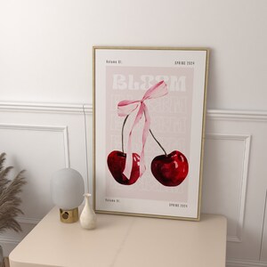 Trendig rosa rosettposter med körsbärsrosett, kokett, väggkonst i retrostil, körsbärstryck, trendig väggkonst, kokett, rumsdekor, preppy tryck - digitalt tryck