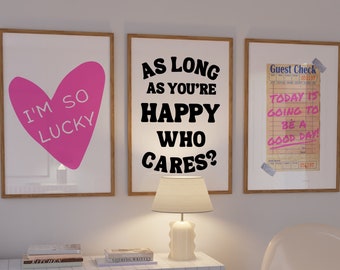 Trendy Retro Print set of 3, Lucky You Poster, Self Love Quote Poster, Trendy Guest Check Print, Preppy Print, Aesthetic DIGITAL Print