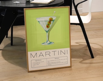 Impresión de cóctel MARTINI, arte mural moderno de cocina, arte mural con alcohol, decoración de carrito de Bart, impresión de receta de Martini, póster de cóctel retro