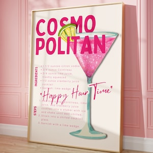 CÓCTEL COSMOPOLITAN imprimible, arte mural moderno y moderno para cocina, arte mural con alcohol, decoración de carrito Bart, póster de cóctel rosa, imprimible para cocina