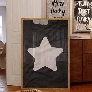 Retro-stijl handgetekende stermuurkunst, trendy appartement esthetisch decor, zwart-witposter, print voor slaapkamer, funky muurkunst, digitaal