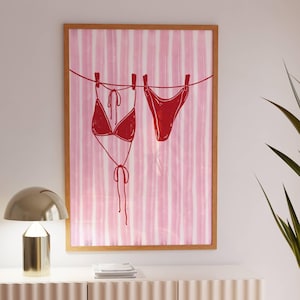 Bikini On Clothesline Print, Drying Swimsuit Print, Pink Red Striped Wall Art Coastal Aesthetic Poster, Summer Digital Print Trendy Wall Art