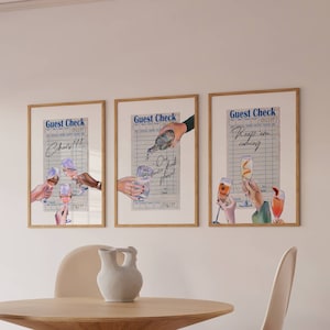 GASTEN CHECK-CHEERS-aquarelprint set van 3|Trendy keukenkunst|Alcoholposter|Bar Cart Print| Trendy gastenchequeprint| Cocktail afdrukbaar