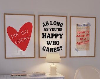 Trendy Wall Art set of 3 Prints Lucky You Print Affirmation Poster Trendy Retro Guest Check Print Red Print Aesthetic College Dorm Posters