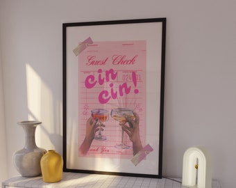 GUEST CHECK CHEERS -Cin Cin-Cocktail Printable|Trendy Kitchen Art| Alcohol Poster| Bar Cart Print |Retro Guest Check Print|Preppy Pink Print