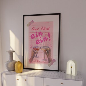 GUEST CHECK CHEERS -Cin Cin-Cocktail Printable|Trendy Kitchen Art| Alcohol Poster| Bar Cart Print |Retro Guest Check Print|Preppy Pink Print