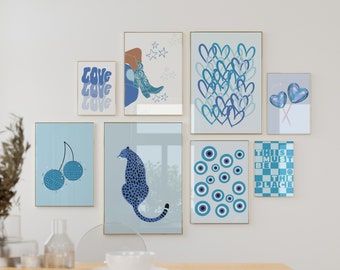 BLUE PREPPY PRINTS set of 8, Cheetah Wall Art, Blue Preppy Poster Print, College Dorm Decor, Trendy Print, Aesthetic Wall Art, Girly Prints