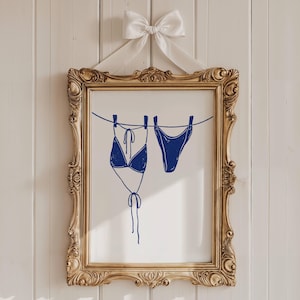 Blue Bikini On Clothesline Print College Apartment Decor Coastal Beachy Dorm Room Posters Trendy Beach House Wall Art Girly Preppy Aesthetic