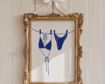 Niebieskie bikini na sznurku do bielizny, plakaty do pokoju w akademiku w stylu nadmorskim, modne plakaty do pokoju w akademiku, dziewczęca, elegancka estetyka