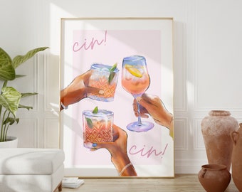 Cin Cin - CHEERS - Cocktail Printable|Trendy Kitchen Art| Alcohol Poster| Bar Cart Print |Cocktail Wall Art|Preppy Pink Cocktail Printable