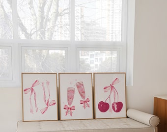 Coquette Room Decor, Balletcore Wall Art, Watercolor Bow Print, Pink Bow Wall Art, Pastel Pink Ribbon Bow Cherry Art Print, Set of 3 Prints