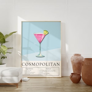 COSMOPOLITAN Cocktail Print| Trendy Modern Kitchen Wall Art| Alcohol Wall Art| Bart Cart Accessory| Digital Download| Drinking Poster