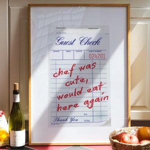 Gast check print - trendy muurkunst chef was schattig zou hier weer eten print moderne keuken muur kunst eetkamer poster retro muurkunst