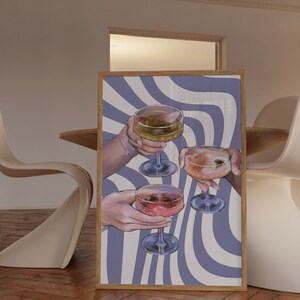 May include: Four hands holding up glasses of wine, with a purple and white striped background.