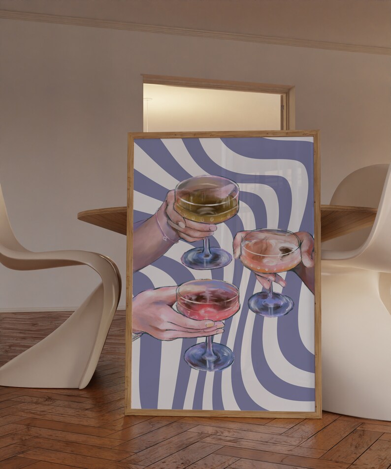 May include: Four hands holding up glasses of wine, with a purple and white striped background.