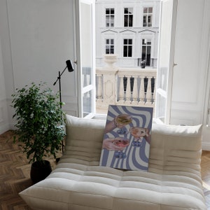 May include: A print of four hands holding up glasses of wine against a background of blue and white wavy lines.