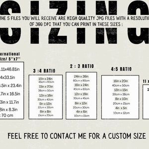 May include: A chart showing different print sizes for digital downloads. The chart includes international paper sizes, 3:4 ratio, 2:3 ratio, and 4:5 ratio. The chart also includes the standard 11 x 14 inches print size. The text on the chart reads: "The 5 files you will receive are high quality JPG files with a resolution of 300 DPI that you can print in these sizes: "