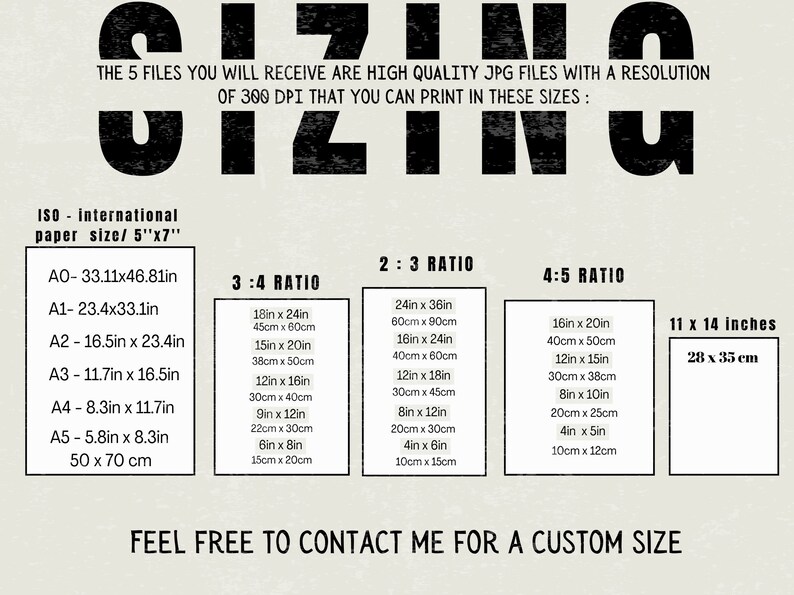 May include: A chart showing different print sizes for digital downloads. The chart includes international paper sizes, 3:4 ratio, 2:3 ratio, and 4:5 ratio. The chart also includes the standard 11 x 14 inches print size. The text on the chart reads: "The 5 files you will receive are high quality JPG files with a resolution of 300 DPI that you can print in these sizes: "