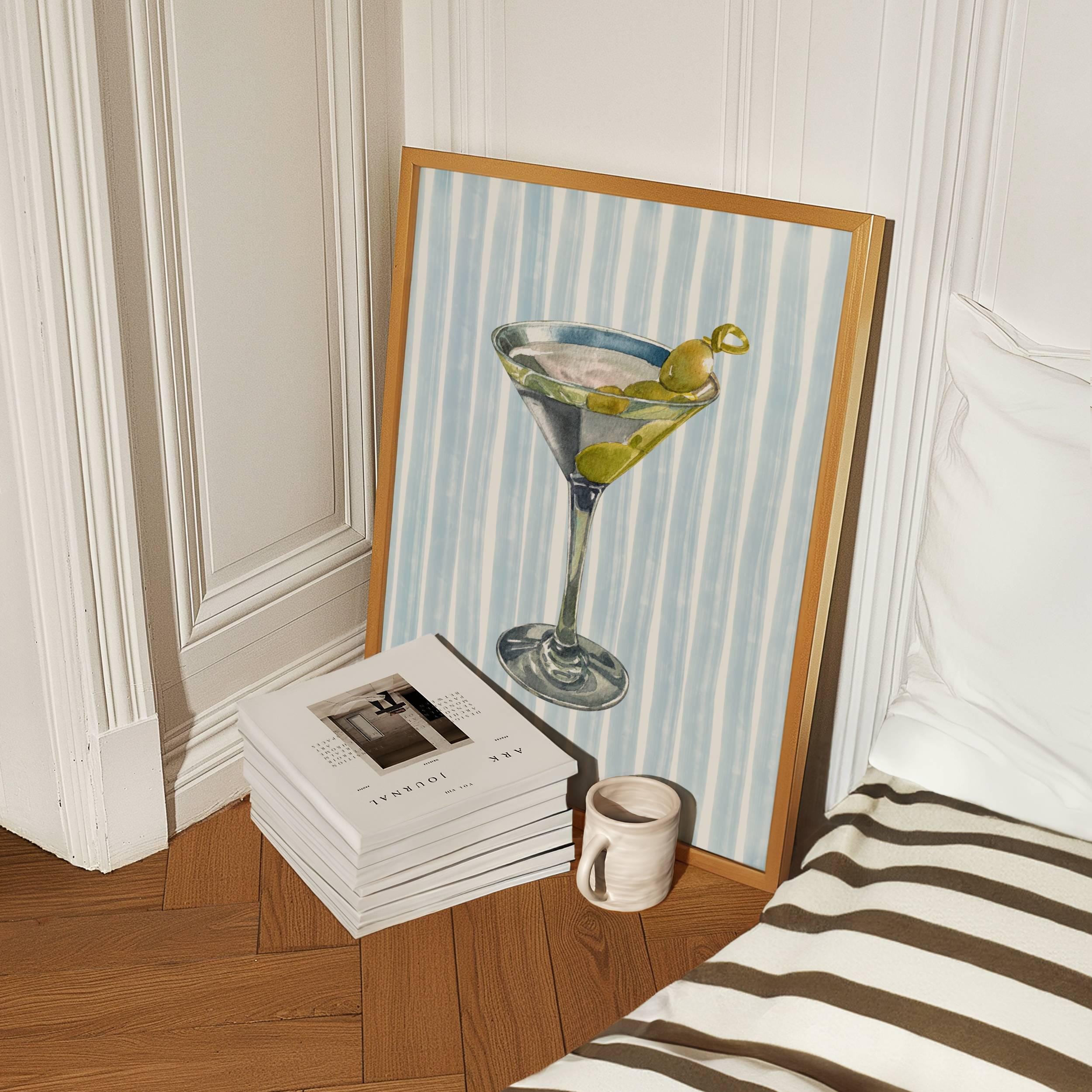 Art mural martini - art mural à rayures cocktail bleu pastel, impression de boissons chariot bar martini bleu, estampes de bar côtier, art de bar, téléchargement numérique
