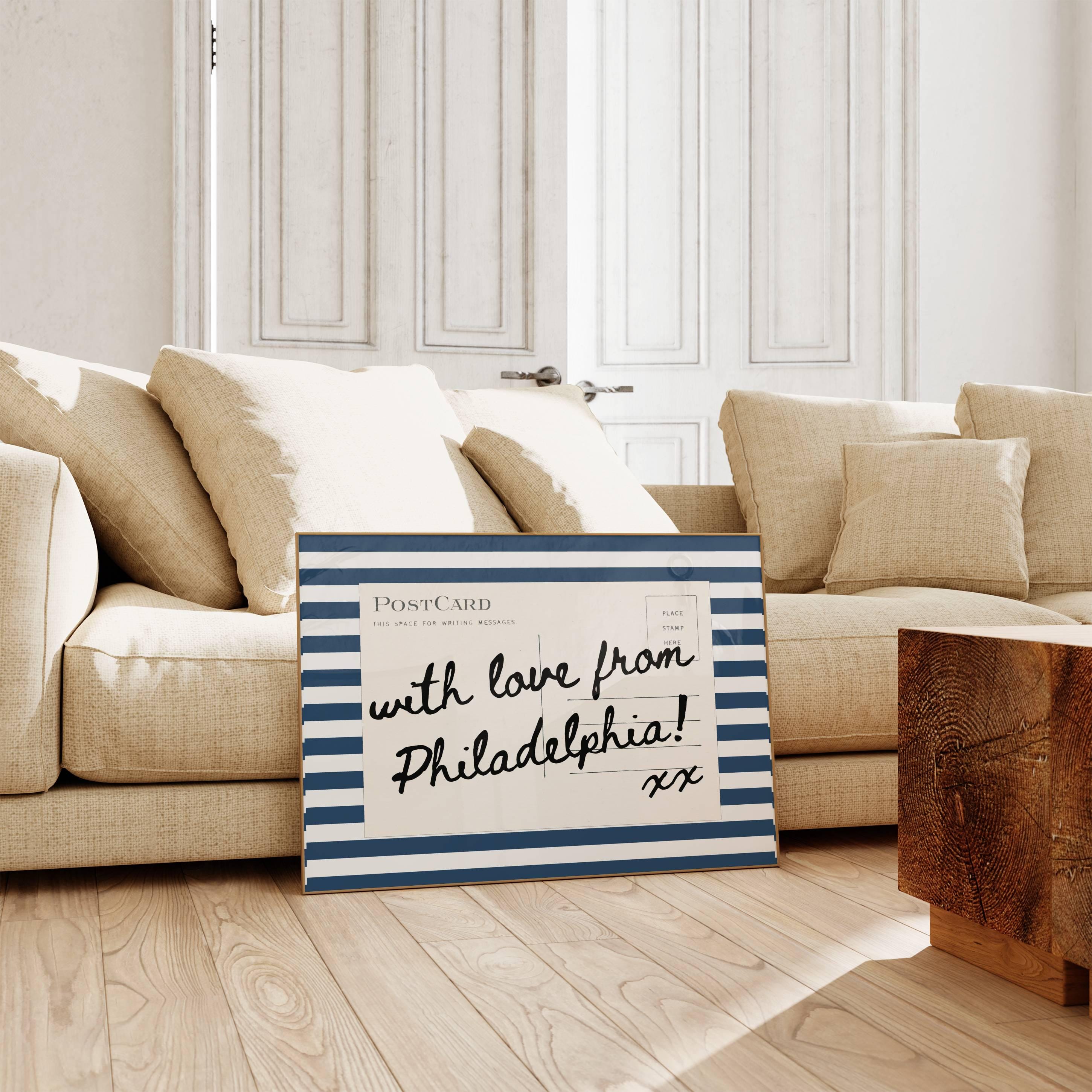 Philadelphia Wall Art Trending Wall Art Postcard Print Retro Philly Postcard Print Blue and White Striped Print Horizontal Above Bed Art
