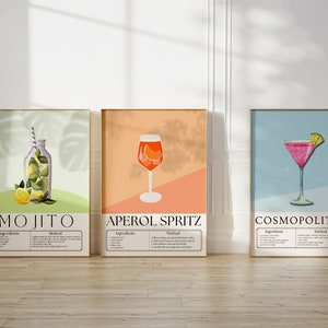 May include: Three framed illustrations of popular cocktails: a mojito, an Aperol Spritz, and a Cosmopolitan. Each illustration includes the name of the drink, a list of ingredients, and instructions for making the drink.