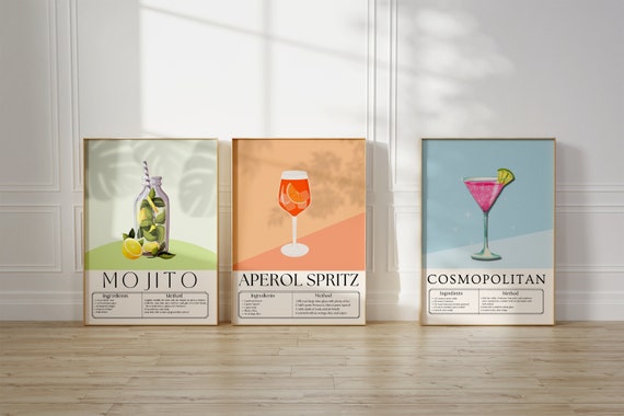 COCKTAIL print SET of 3, Aperol Spritz Poster, Mojito Print, Cosmopolitan Print, Bar Cart Decor, Colorful Drinks Print, Cocktail Recipe
