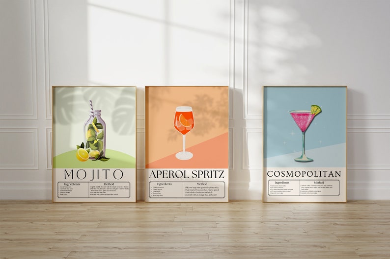 May include: Three framed illustrations of popular cocktails: a mojito, an Aperol Spritz, and a Cosmopolitan. Each illustration includes the name of the drink, a list of ingredients, and instructions for making the drink.