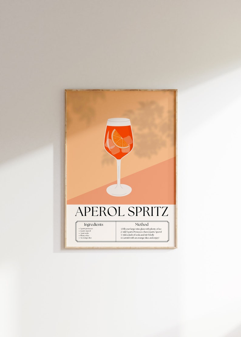 May include: A printable poster with an orange background and a glass of Aperol Spritz. The poster includes the ingredients and method for making the cocktail. The text reads "Aperol Spritz", "Ingredients", and "Method".