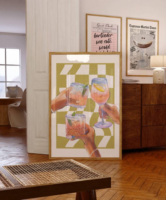 Funky Cheers Cocktail Print, Trendy Kitchen Wall Art, Alcohol Poster, Retro Sage Green Print, Bar Cart Decor, Trendy Drink Wall Art. Digital