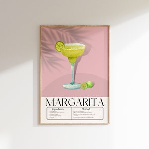 May include: A printable poster with a pink background and a watercolour illustration of a margarita cocktail. The poster includes the title "Margarita" and a list of ingredients and instructions for making the drink.