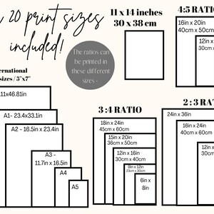 May include: A chart showing over 20 different print sizes for artwork, including standard ISO sizes like A0, A1, A2, A3, A4, and A5, as well as 11x14 inches, and various ratios like 4:5, 3:4, and 2:3. The chart includes both inches and centimeters.