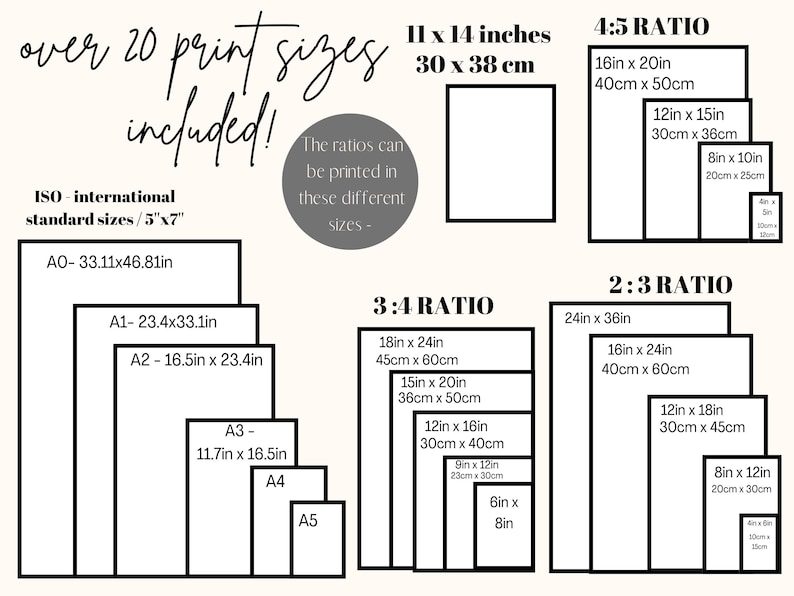 May include: A chart showing over 20 different print sizes for artwork, including standard ISO sizes like A0, A1, A2, A3, A4, and A5, as well as 11x14 inches, and various ratios like 4:5, 3:4, and 2:3. The chart includes both inches and centimeters.