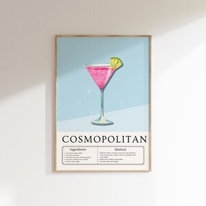 May include: A printable poster featuring an illustration of a pink Cosmopolitan cocktail, along with instructions for making the drink. The poster has a blue background and the text "COSMOPOLITAN" in black. The ingredients include 1 1/2 oz vodka, 1/2 oz Cointreau, 1/2 oz lime juice, 1/2 oz cranberry juice, and a lime wedge garnish. The method includes adding the vodka, Cointreau, lime juice, and cranberry juice into a shaker with ice and shaking until well chilled, straining into a chilled cocktail glass, and garnishing with a lime wedge.