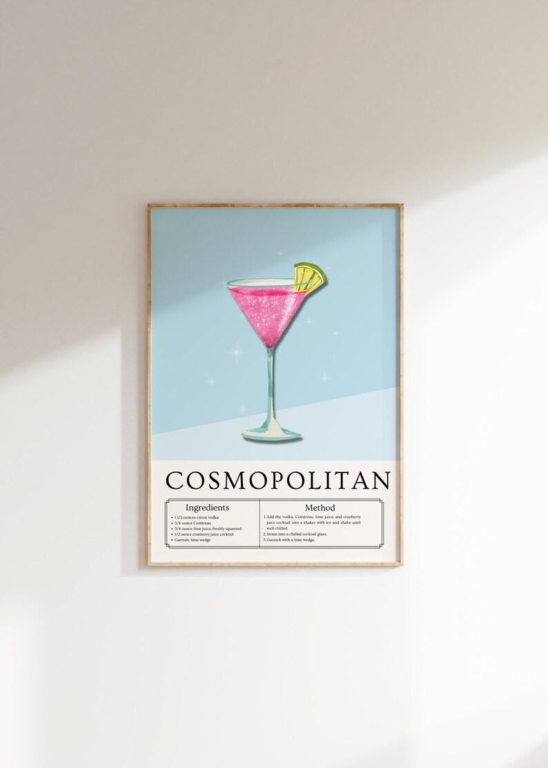 May include: A printable poster featuring an illustration of a pink Cosmopolitan cocktail, along with instructions for making the drink. The poster has a blue background and the text "COSMOPOLITAN" in black. The ingredients include 1 1/2 oz vodka, 1/2 oz Cointreau, 1/2 oz lime juice, 1/2 oz cranberry juice, and a lime wedge garnish. The method includes adding the vodka, Cointreau, lime juice, and cranberry juice into a shaker with ice and shaking until well chilled, straining into a chilled cocktail glass, and garnishing with a lime wedge.